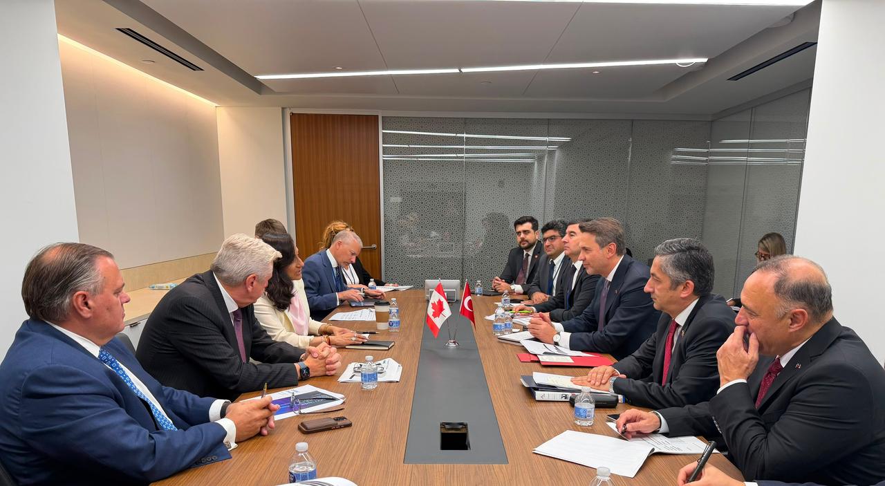 Turkish Energy and Natural Resources Minister Alparslan Bayraktar, third from right, meets with Canadian officials and business representatives over potential nuclear energy cooperation during his visit to New York, Sept. 23, 2026. (Photo via X/aBayraktar1)