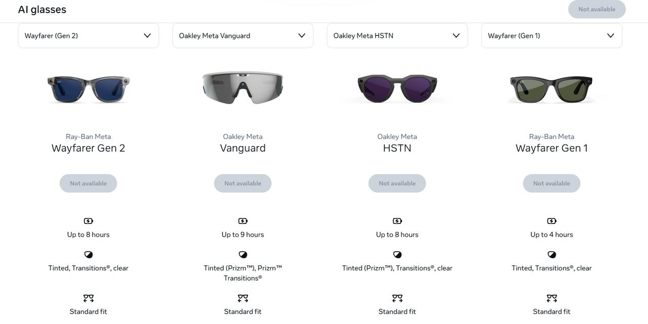 Screenshot of Meta Glasses comparing the technical specifications, battery life, and lens choices across different generations of Ray-Ban Meta and Oakley Meta smart glasses. (Photo via meta.com)