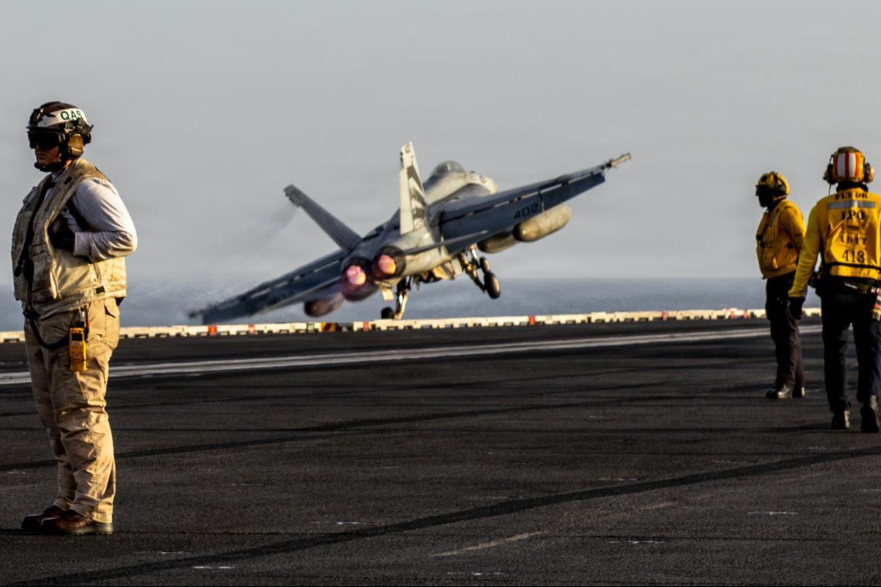 An F/A-18E Super Hornet launches from the flight deck of Nimitz-class aircraft carrier USS Abraham Lincoln (CVN 72) during Operation Epic Fury, April 1, 2026. (Photo via U.S. Navy)