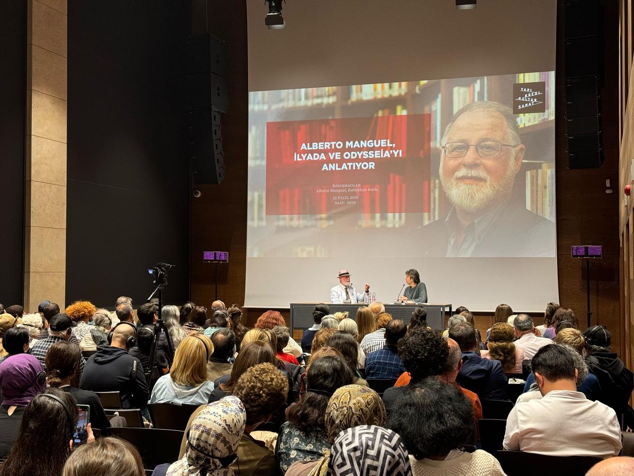 Alberto Manguel speaks during the “Alberto Manguel Talks About the Iliad and Odyssey” event, moderated by translator and film writer Kutlukhan Kutlu, in Istanbul, Türkiye, Sept. 23, 2026. (AA Photo)