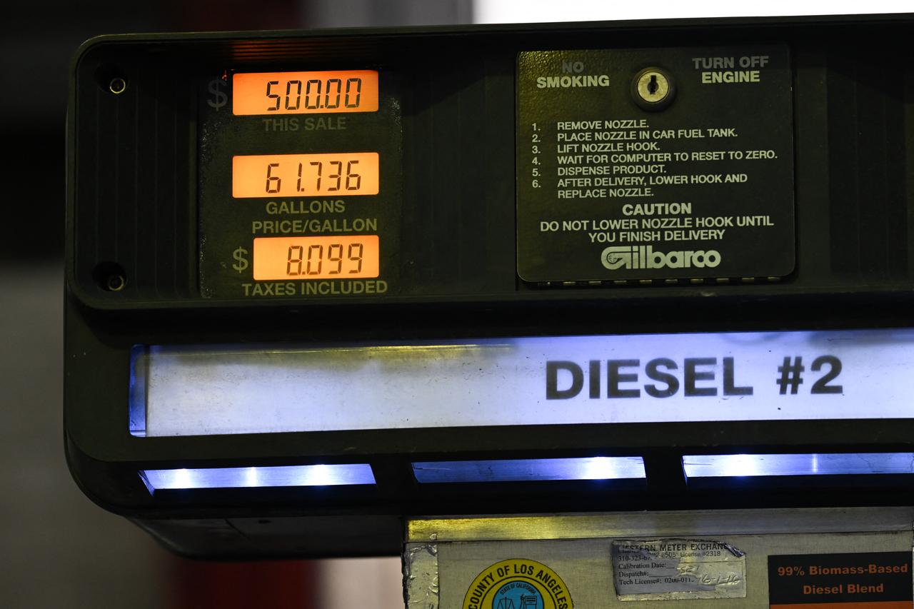 A diesel fuel pump displays a price of more than $8 per gallon at a truck stop in the Wilmington neighborhood of Los Angeles, California, on September 22, 2026. (AFP Photo)