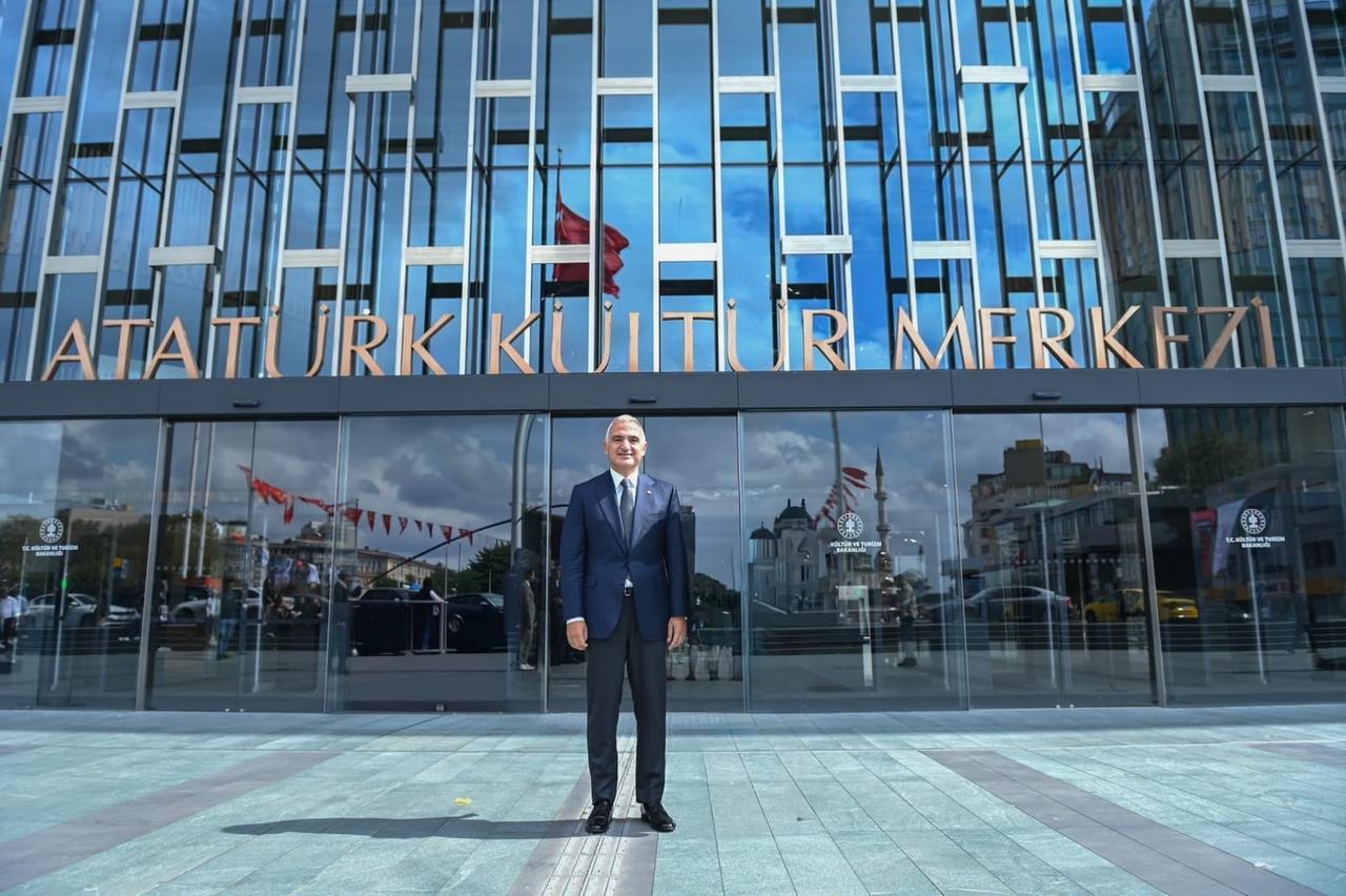 Türkiye's Culture and Tourism Minister Mehmet Nuri Ersoy stands in front of Istanbul's Ataturk Cultural Center (AKM), one of the main venues of the Türkiye Culture Route Festival. (Photo via Culture and Tourism Ministry)