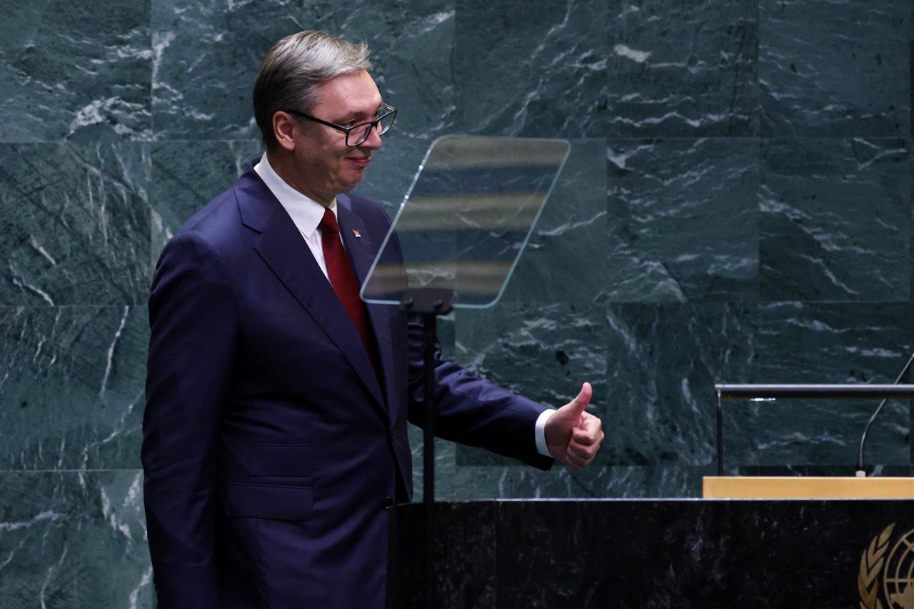 Serbia’s President Aleksandar Vucic arrives to speak during the 81st United Nations General Assembly at United Nations headquarters in New York on September 23, 2026. (AFP Photo)