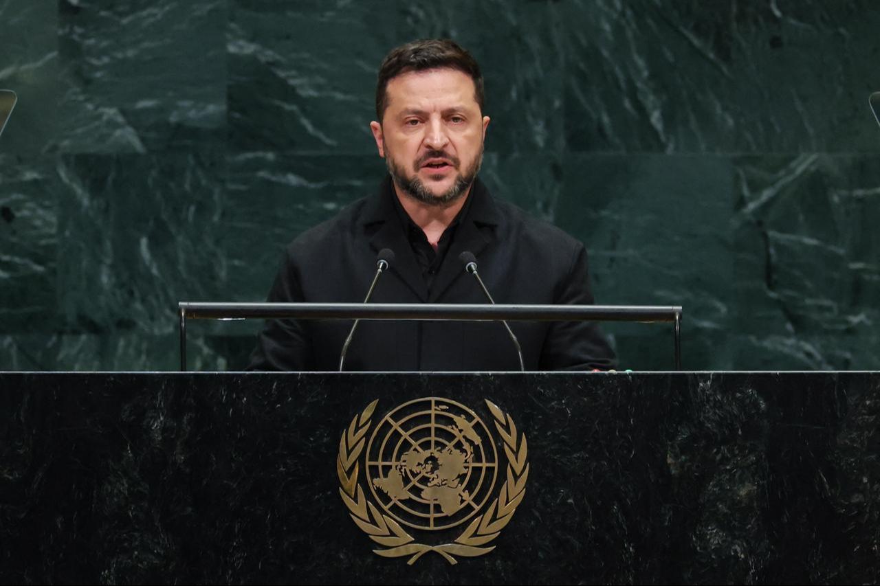 Ukraine's President Volodymyr Zelenskyy speaks during the 81st United Nations General Assembly at the United Nations Headquarters in New York, Sept. 23, 2026. (AFP Photo)