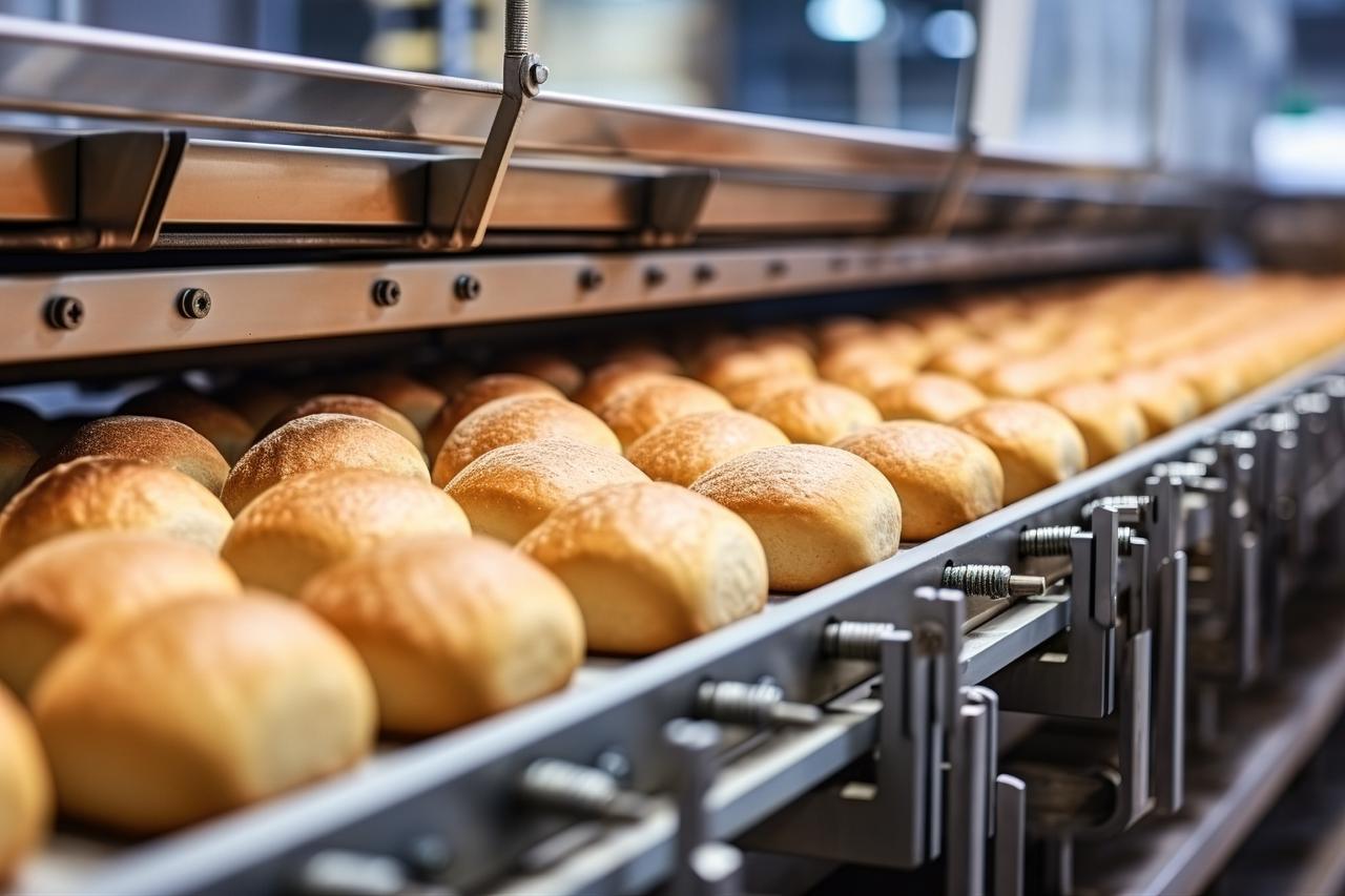 Bread products move along a conveyor belt at an industrial bakery production facility. (Adobe Stock Photo)