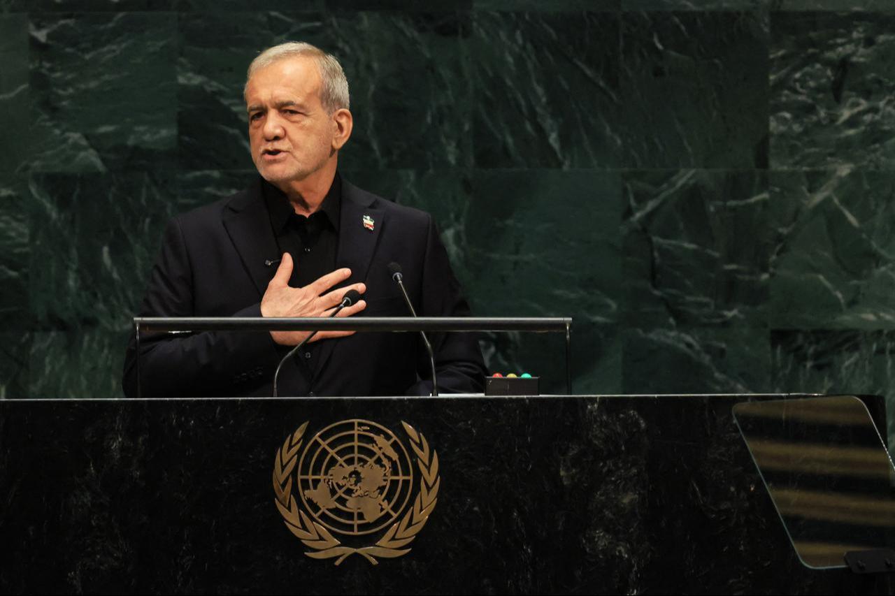 NEW YORK, NEW YORK - SEPTEMBER 23: Iranian President Masoud Pezeshkian speaks during the 81st session of the United Nations (U.N.) General Assembly at U.N. Headquarters on September 23, 2026 in New York City. (AFP Photo)