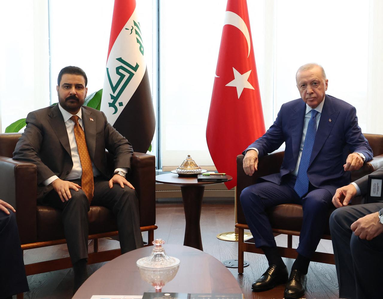 This handout photograph taken and released by Turkish Presidency Press Office on September 23, 2026, shows Turkish President Recep Tayyip Erdogan (R) meeting with Prime Minister of Iraq Ali al-Zaidi on the sidelines of the 81st United Nations General Assembly in New York. (Photo by Handout / Turkish Presidency Press Office / AFP)