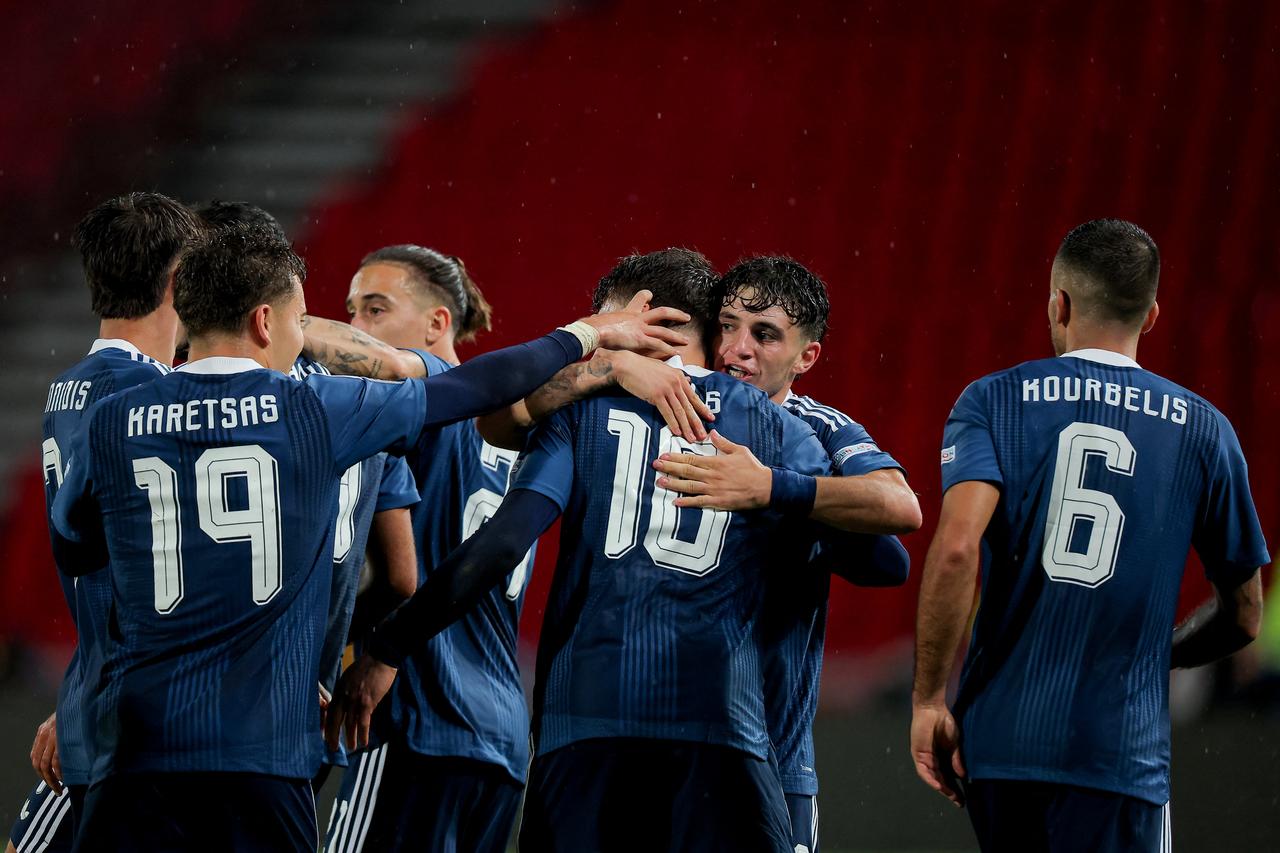 Greece players celebrate during their UEFA Nations League match against Serbia in Belgrade, Serbia, Sept. 24, 2026. (AFP Photo)