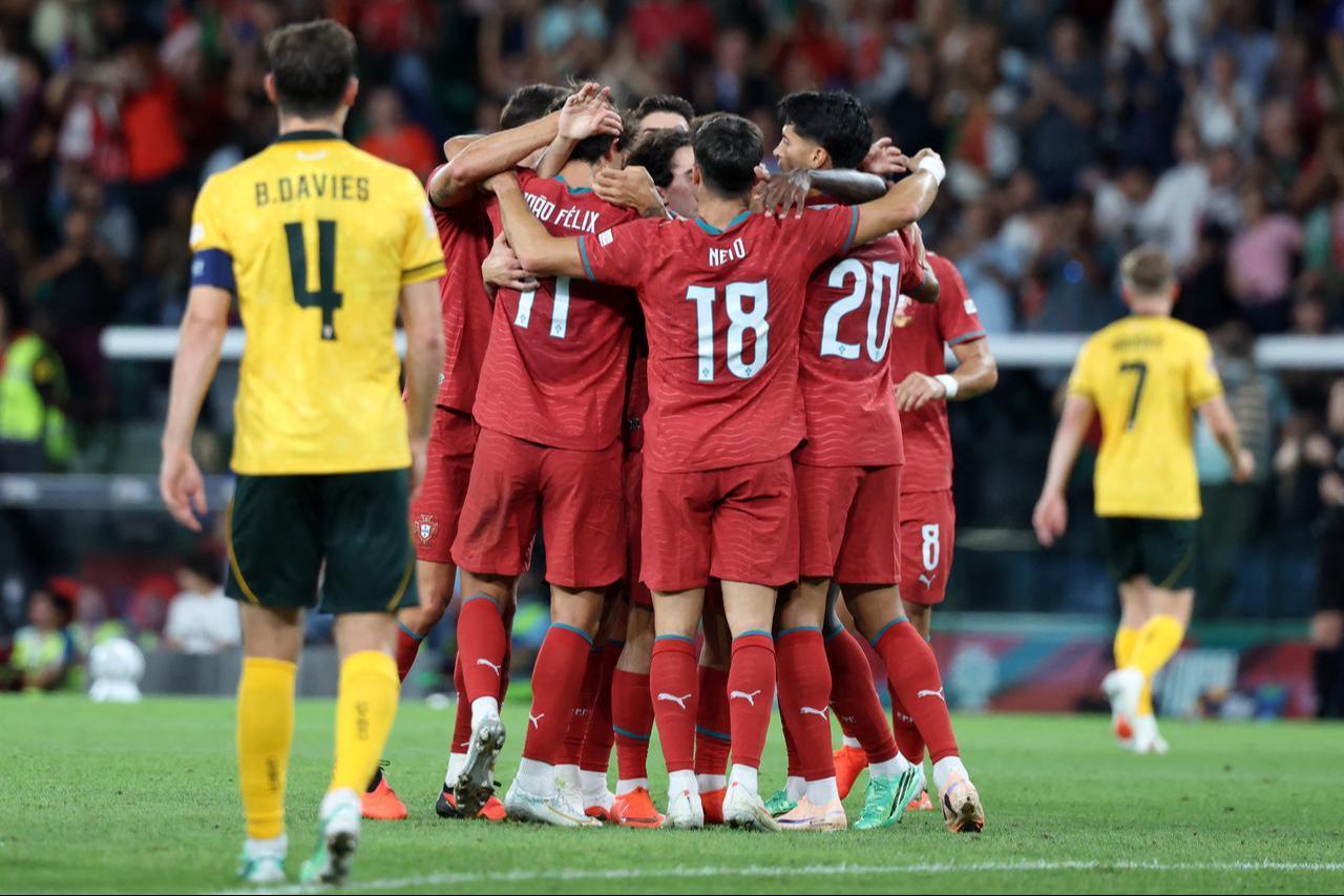Portugal players celebrate during their UEFA Nations League match against Wales at Estadio Jose Alvalade in Lisbon, Portugal, Sept. 24, 2026. (AFP Photo)