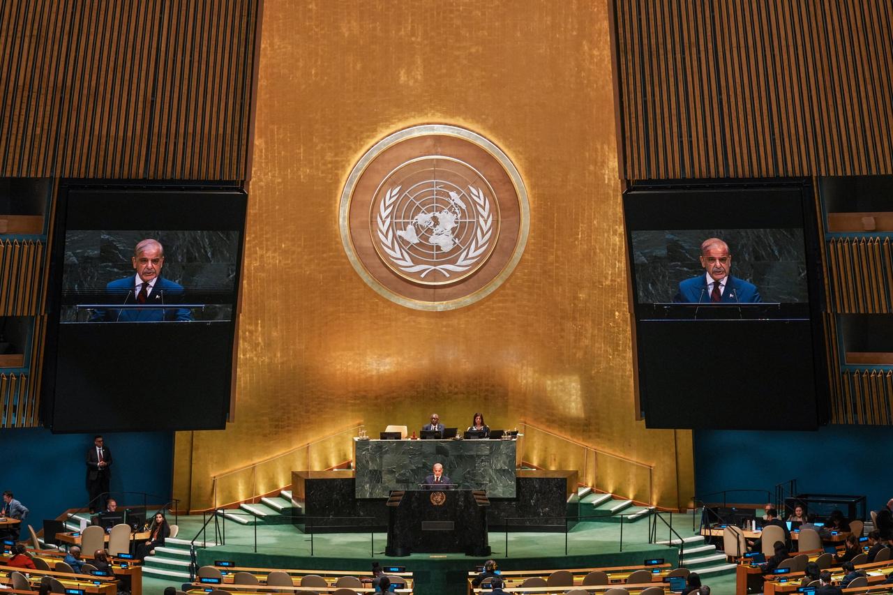 Prime Minister of Pakistan, Muhammad Shehbaz Sharif speaks during the 81st session of the United Nations (U.N.) General Assembly at U.N. Headquarters on September 25, 2026 in New York City. (AFP Photo)