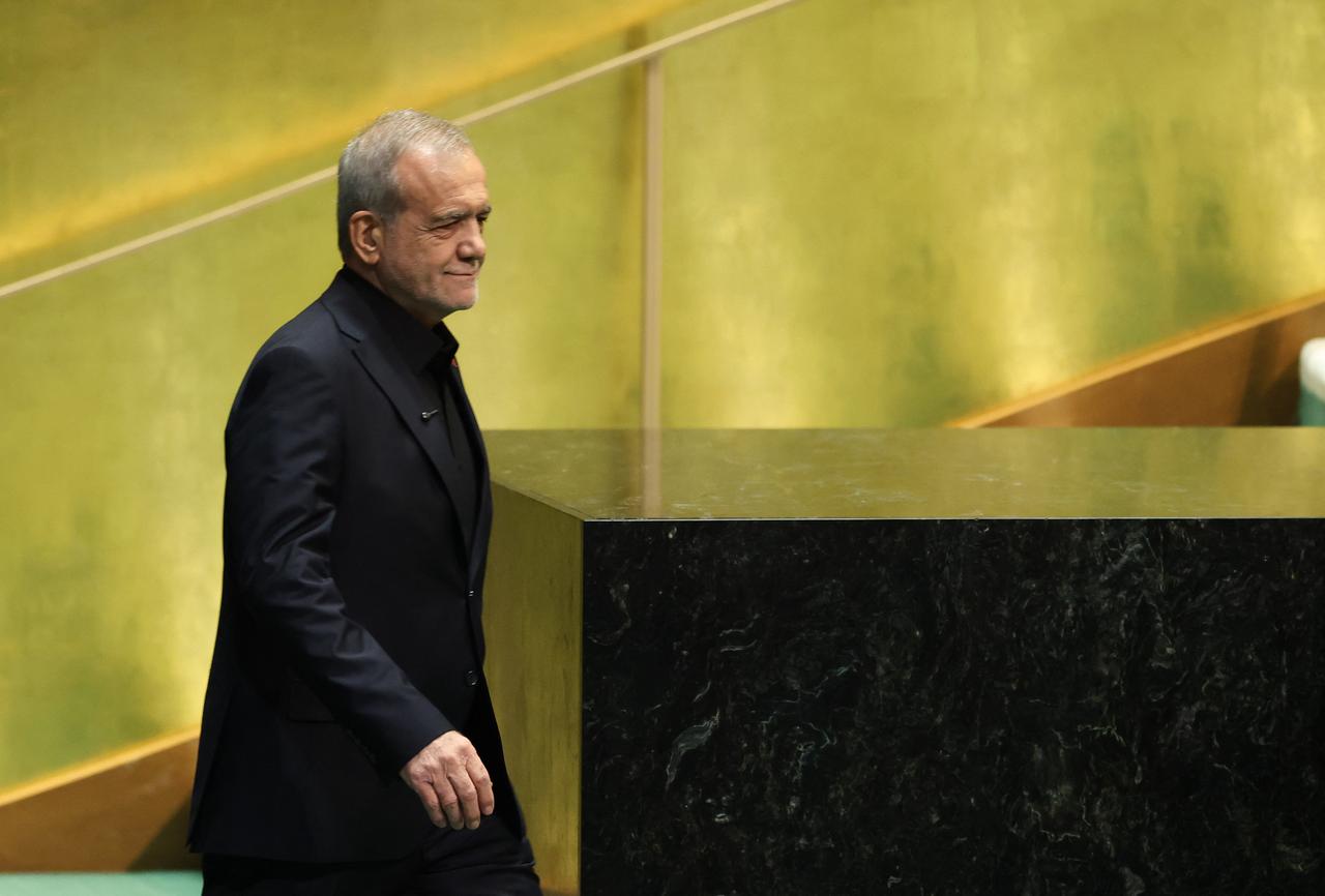Iran's President Masoud Pezeshkian arrives to speak during the 81st United Nations General Assembly at the United Nations Headquarters in New York, on September 23, 2026. (AFP Photo)
