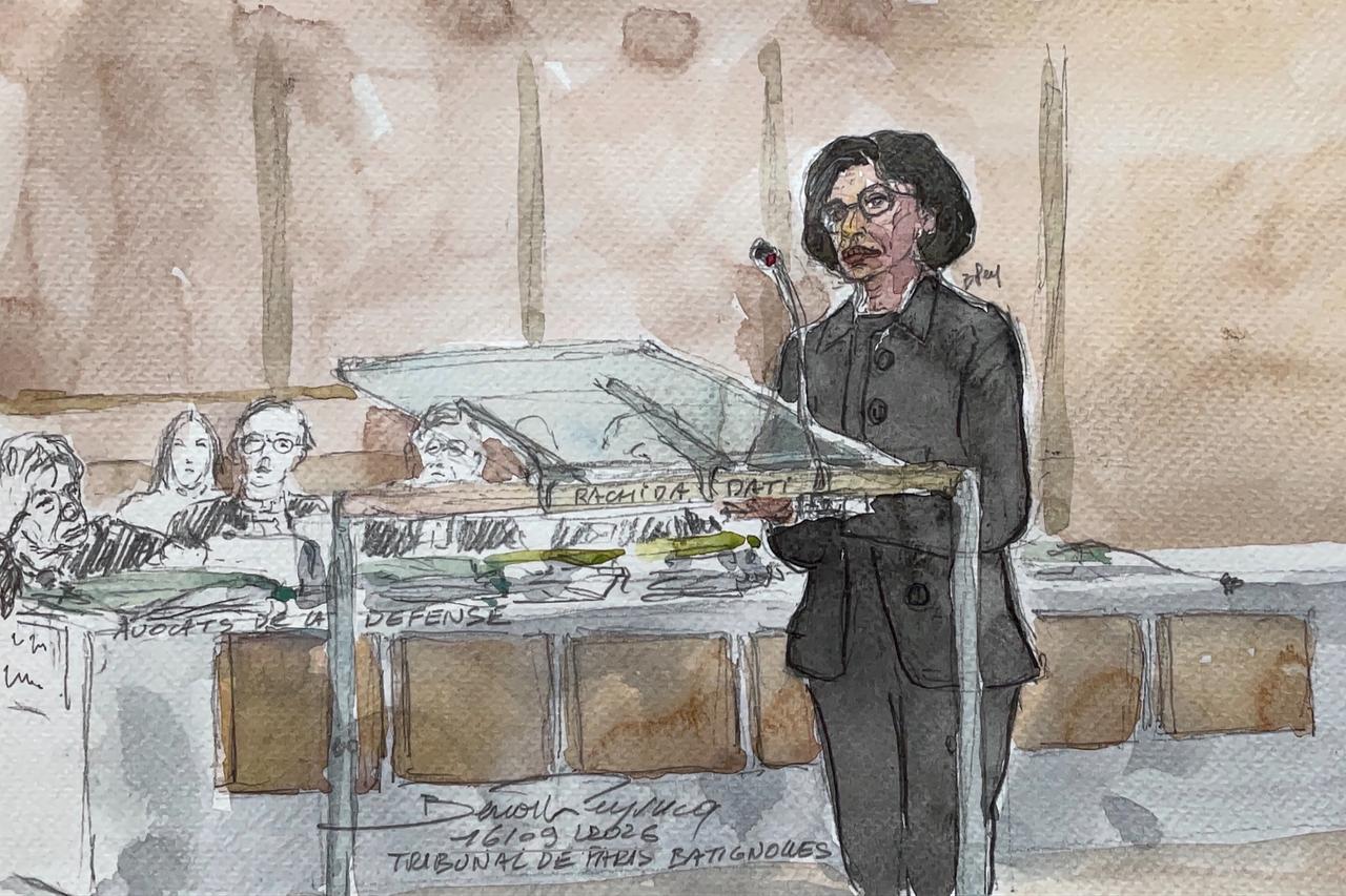 This court sketch made on September 16, 2026 shows former French culture minister Rachida Dati during her trial on corruption charges at a Paris courthouse. (AFP Photo)