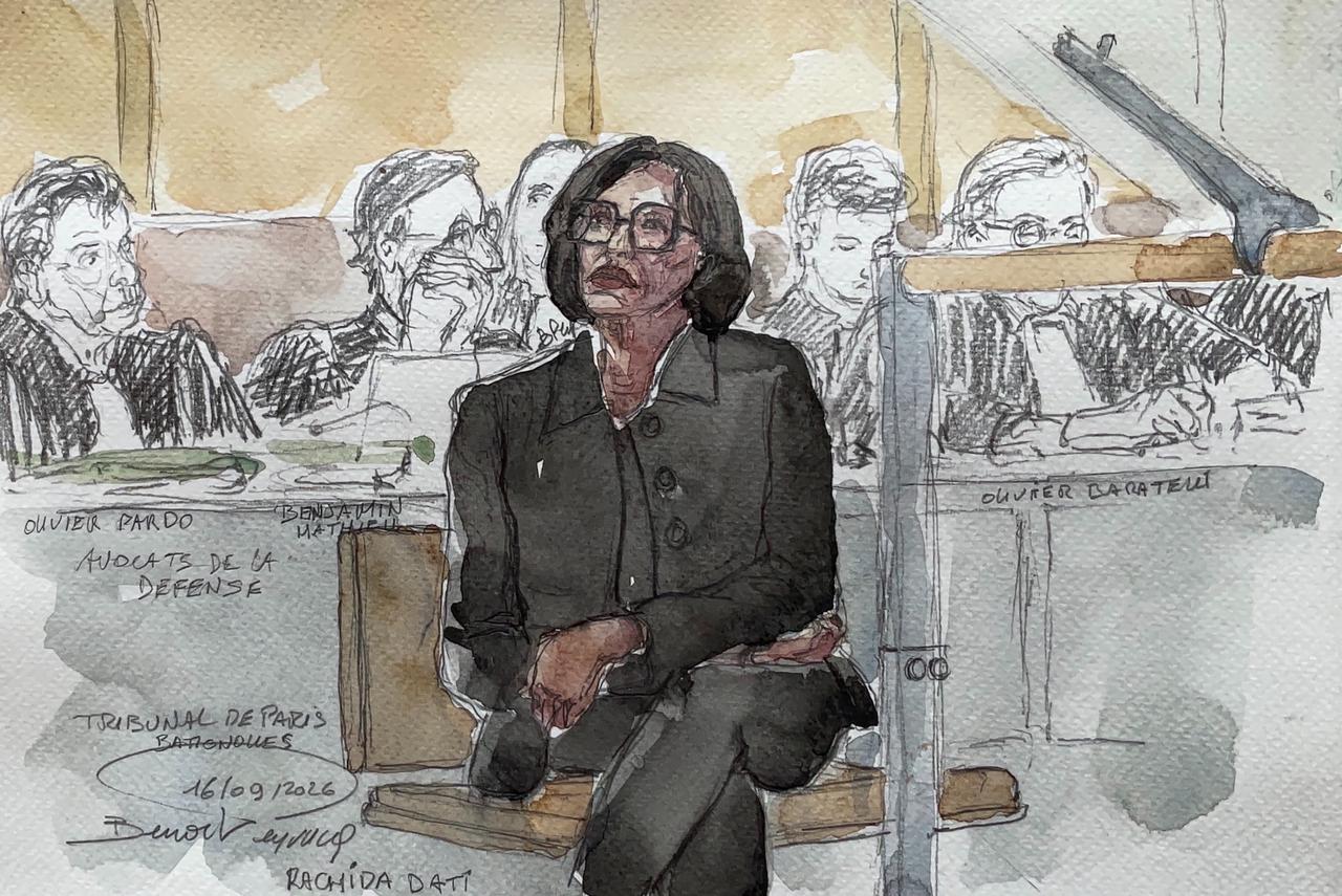 This court sketch, made on September 16, 2026, shows former French culture minister Rachida Dati during her trial on corruption charges at a Paris courthouse. (AFP Photo)
