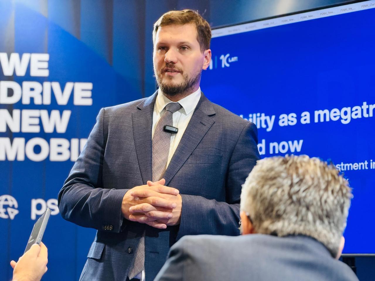 Bartosz Mielecki, managing director of the Polish Automotive Group, speaks during the New Mobility Congress in Katowice, Poland, Sept. 24, 2026. (AA Photo)