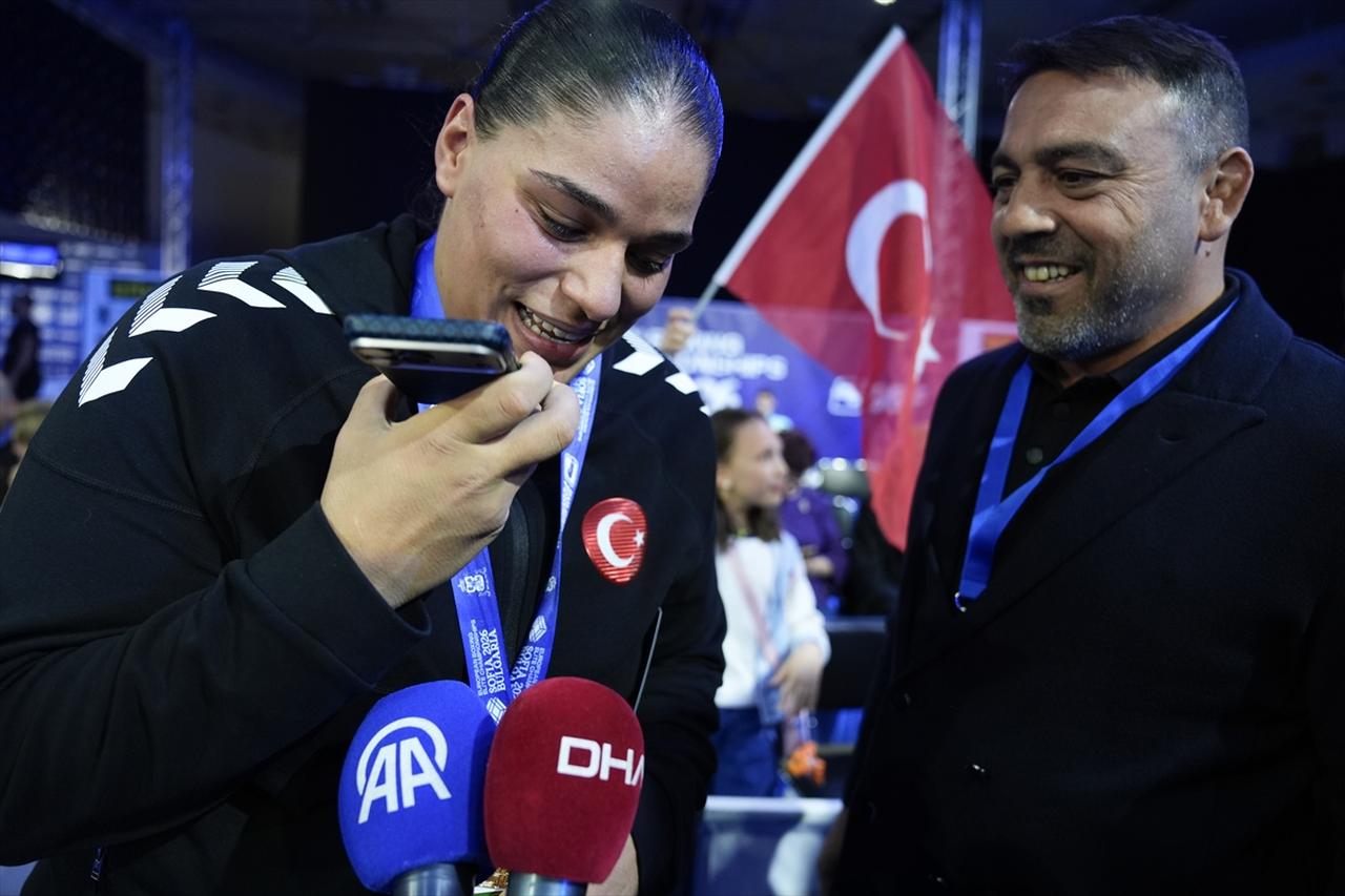 Türkiye's Havvanur Kethuda speaks on the phone after winning the women's +80kg gold medal at the 2026 European Boxing Championships in Sofia, Bulgaria, Sept. 24, 2026. (AA Photo)