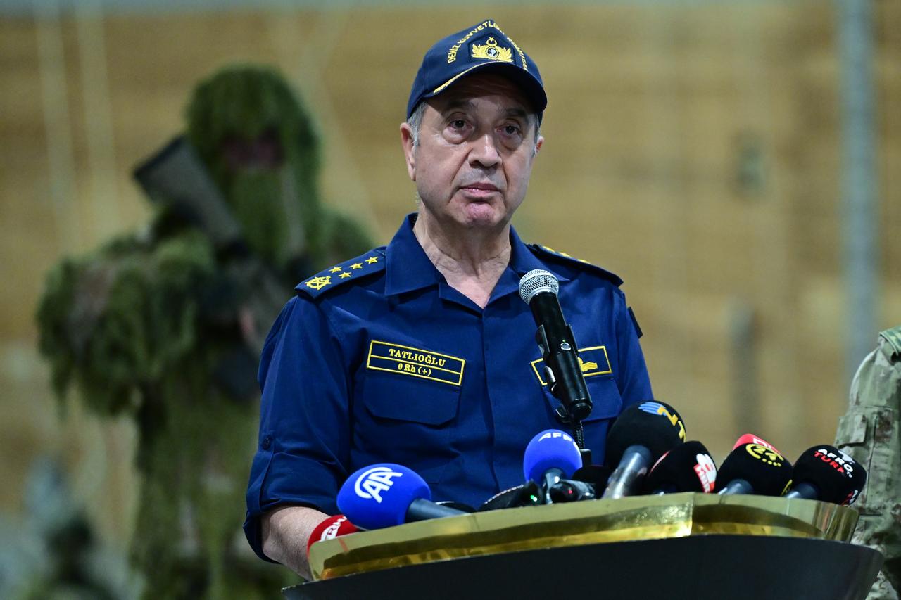 Türkiye's Naval Forces Commander Adm. Ercument Tatlioglu speaking aboard TCG Anadolu at Aksaz during the Denizkurdu-I/2026 exercise on Sept. 24, 2026. (AA Photo)