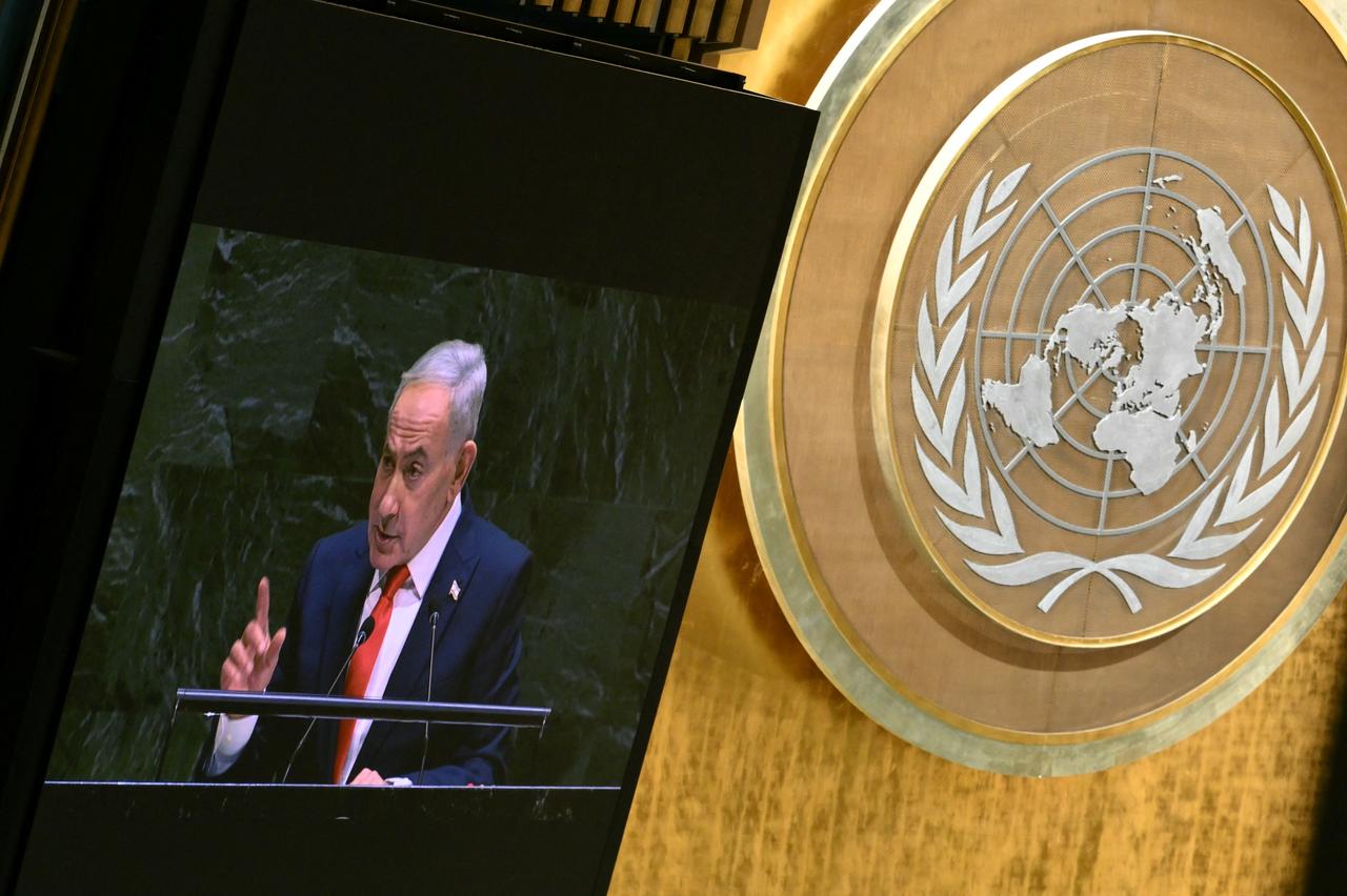 Israeli Prime Minister Benjamin Netanyahu is seen on a screen as he addresses the 81st United Nations General Assembly at UN headquarters in New York on September 24, 2026. (AFP Photo)