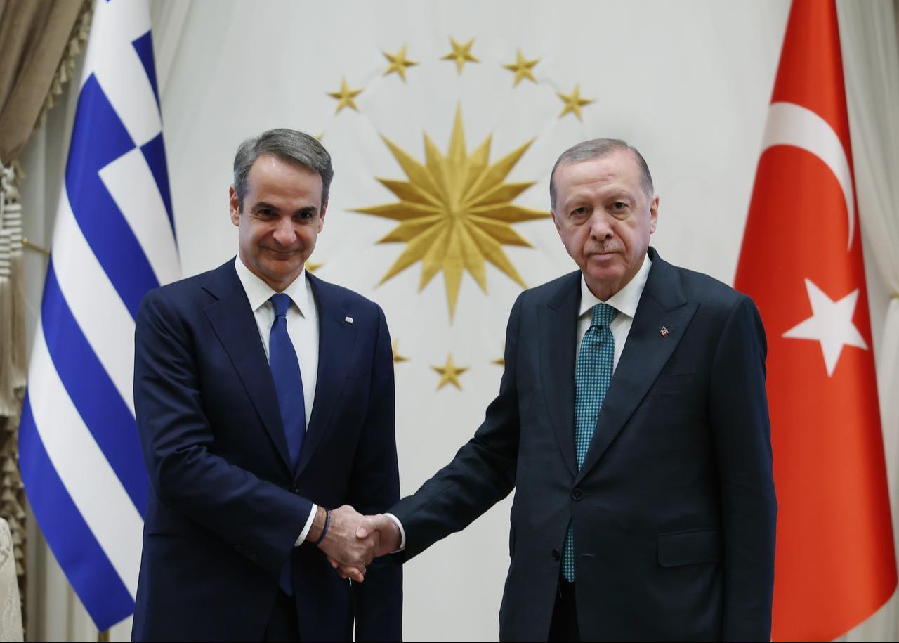 Turkish President Recep Tayyip Erdogan meets Prime Minister of Greece, Kyriakos Mitsotakis at Presidential Complex in Ankara, Türkiye, Feb. 11, 2026. (Turkish Presidency/Murat Cetinmuhurdar)