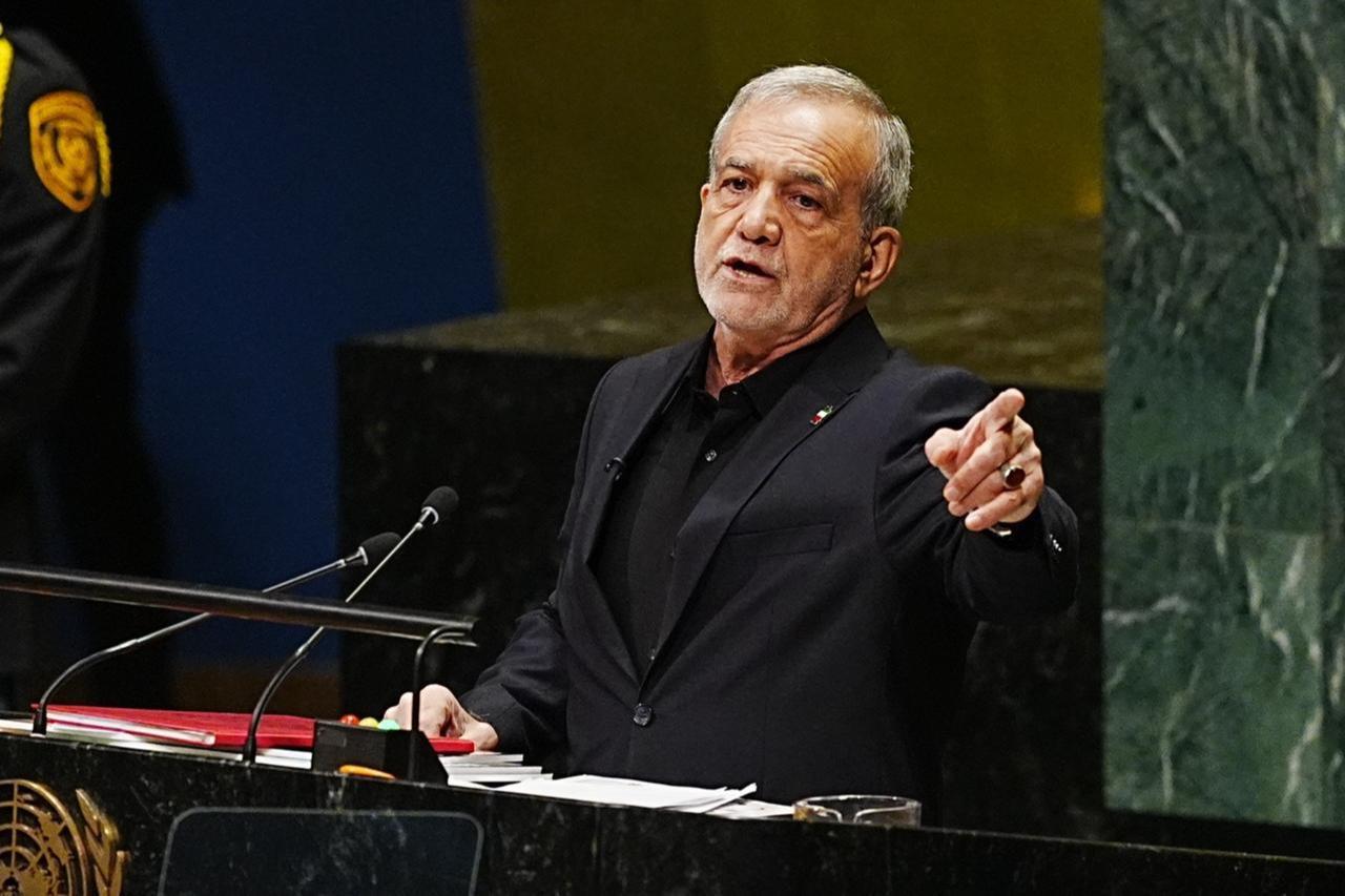 President of Iran, Masoud Pezeshkian, addresses the 81st session of the United Nations General Assembly (UNGA) during the high-level annual meetings on September 23, 2026, in New York City, U.S. (AA Photo)
