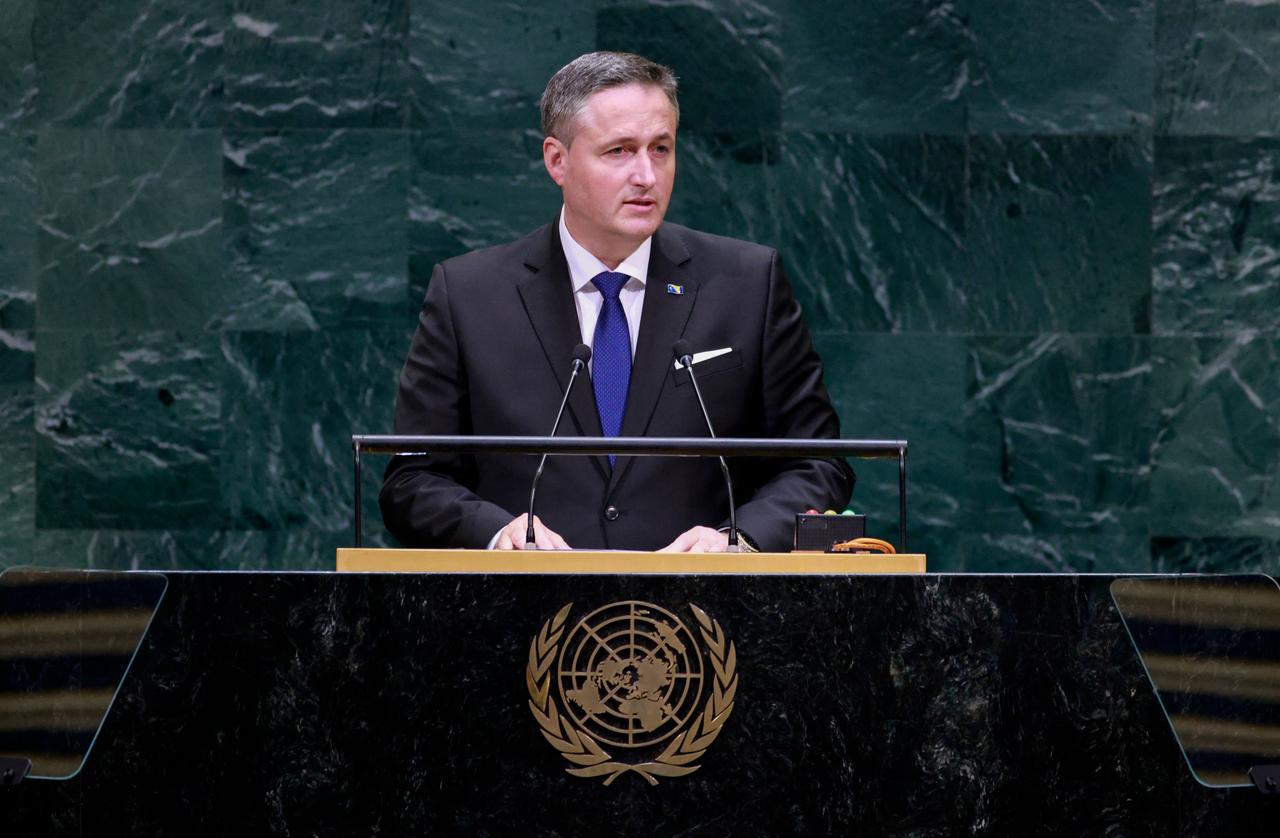 Bosnia and Herzegovina's chairman of the presidency Denis Becirovic speaks during the 81st United Nations General Assembly at the United Nations Headquarters in New York, on September 22, 2026. (AFP Photo)