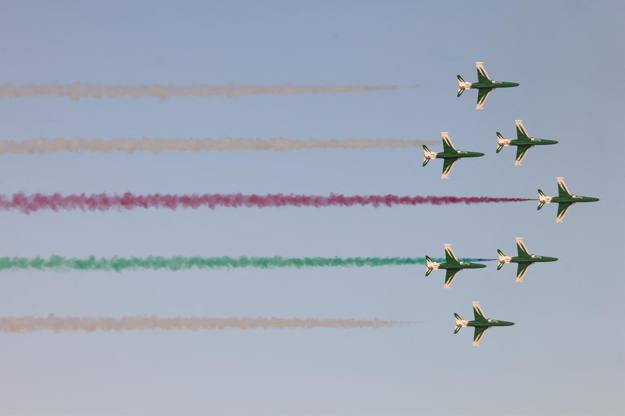 The Saudi Falcons aerobatic team performs during a military parade marking the 96th Saudi National Day in Riyadh on September 22, 2026. (AFP photo)