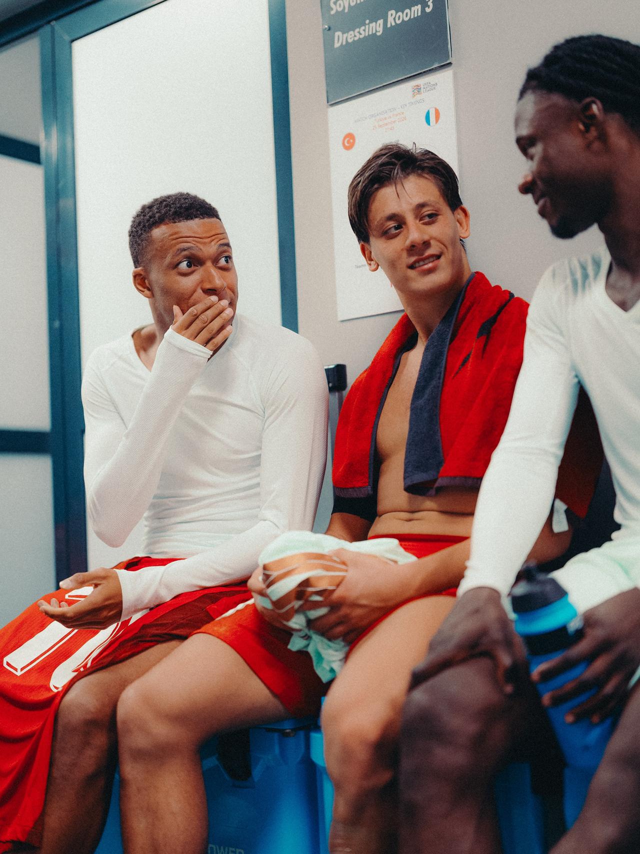 Kylian Mbappe shares a light moment with Real Madrid teammate Arda Guler after France's UEFA Nations League match against Türkiye in Kocaeli, Türkiye, Sept. 25, 2026. (Photo via Instagram/@equipedefrance)