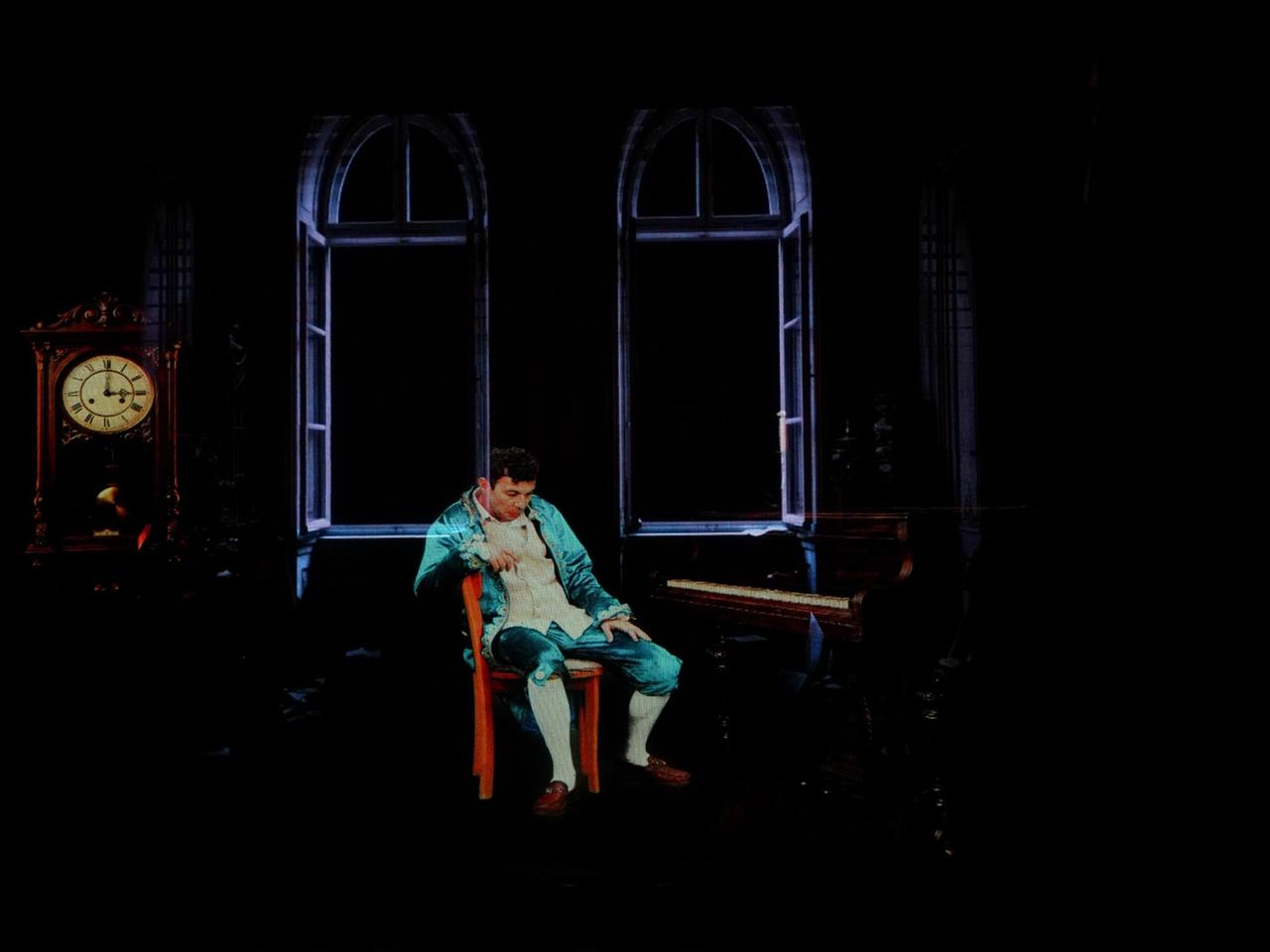 A holographic representation of Wolfgang Amadeus Mozart appears on stage during the “Amadeus Mozart Hologram Experience” at Beyoglu Sahne in Istanbul. (IHA Photo)