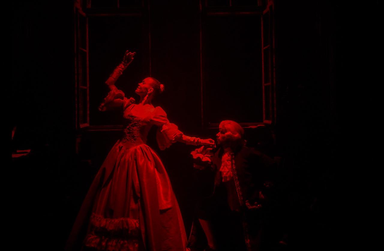 Performers take part in a choreographed scene combining dance, music and digital stage effects during the Mozart hologram production in Istanbul. (IHA Photo)