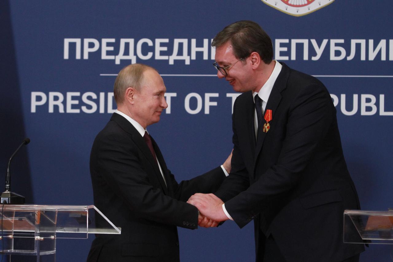 Russian President Vladimir Putin (L) and Serbian President Aleksandar Vucic (R) hold a joint press conference after their meeting in Belgrade, Serbia on January 17, 2019. (AA Photo)