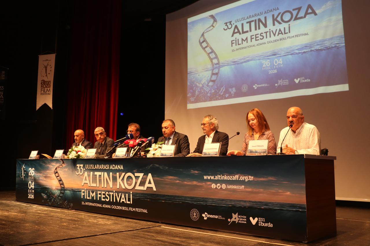 Festival officials and organizers attend a press conference for the 33rd International Adana Golden Boll Film Festival at the Adana Metropolitan Municipality Theater Hall in Adana, Türkiye, Sept. 24, 2026. (AA Photo)