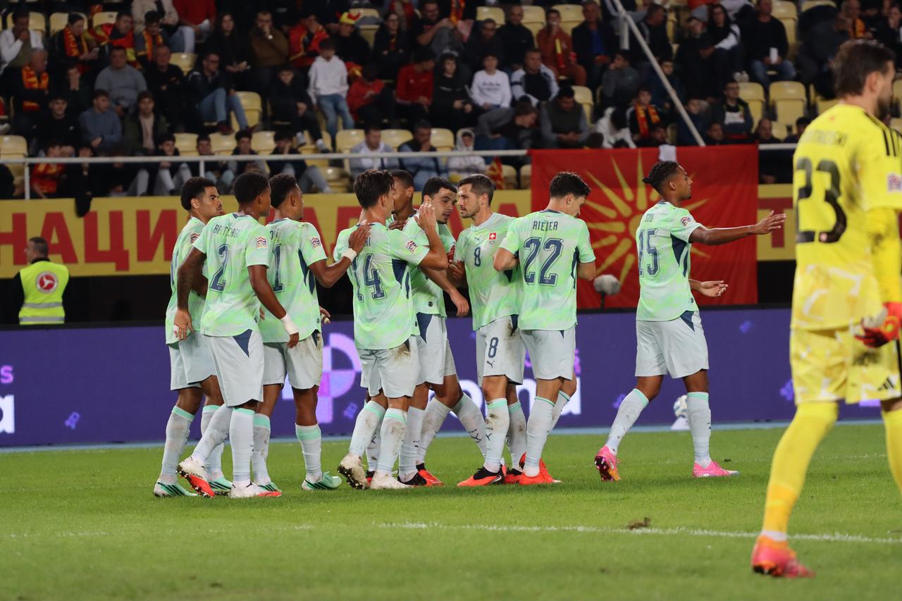Swiss players celebrate a goal against North Macedonia during their UEFA Nations League match in Skopje, North Macedonia, Sept. 26, 2026. (AA Photo)
