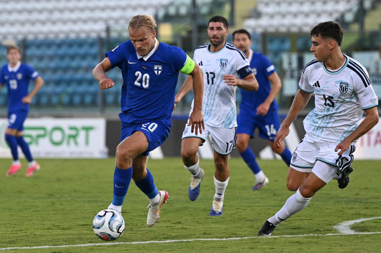 Finland captain Joel Pohjanpalo controls the ball against San Marino during their UEFA Nations League match in Serravalle, San Marino, Sept. 26, 2026. (AFP Photo)