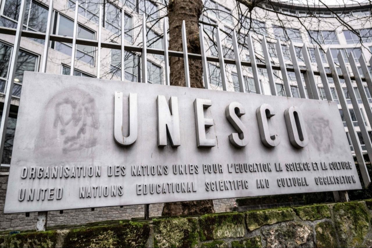 The logo of the United Nations Educational, Scientific and Cultural Organisation (UNESCO) is pictured in Paris on January 17, 2025. (AFP Photo)