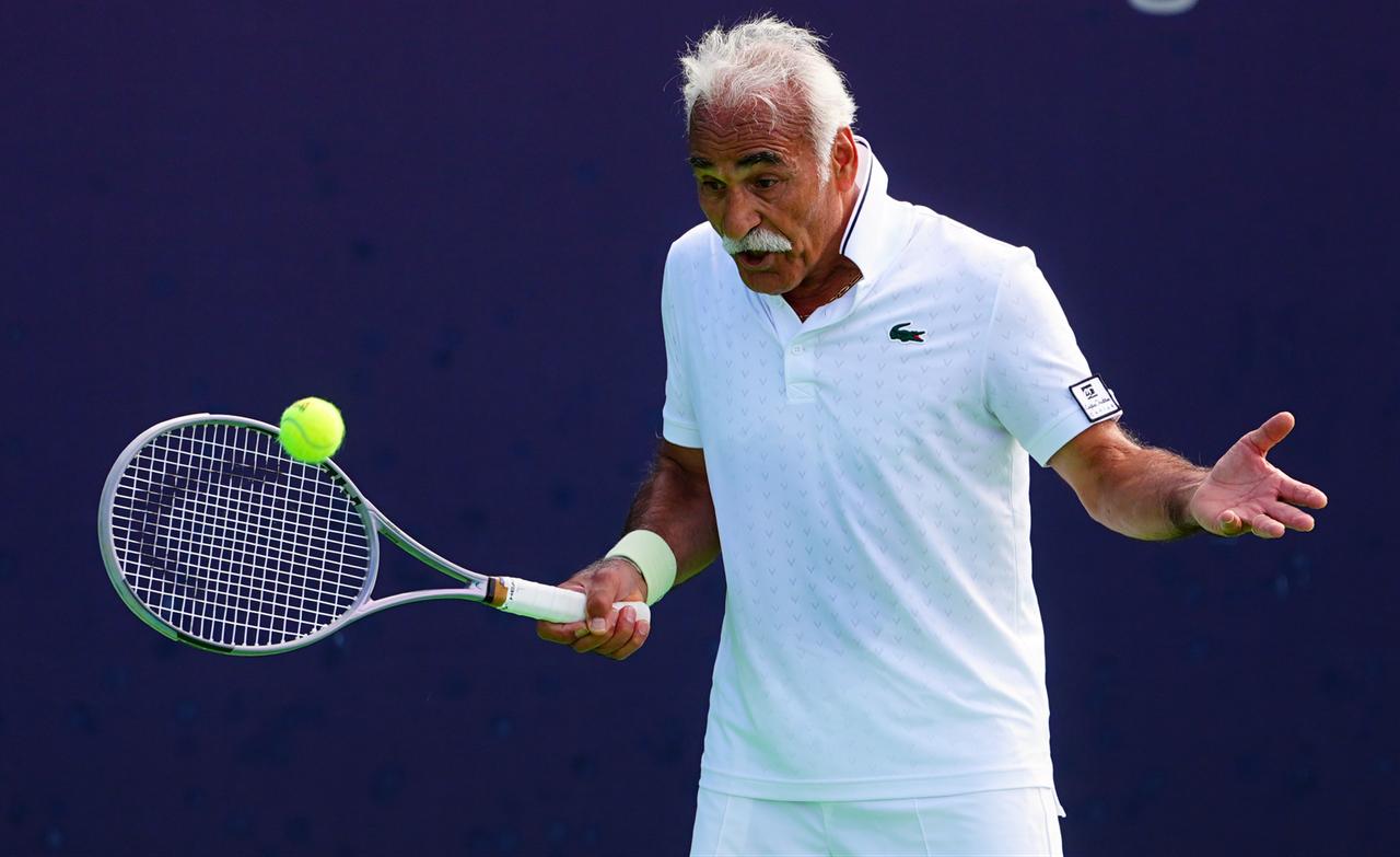 French-Iranian former professional tennis player Mansour Bahrami performs during an exhibition match at the Turk Telekom Ankara Open WTA 125 tournament in Ankara, Türkiye, Sept. 27, 2026. (AA Photo)