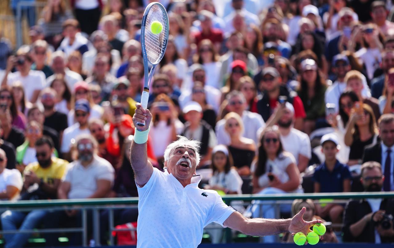 French-Iranian former professional tennis player Mansour Bahrami performs during an exhibition match at the Turk Telekom Ankara Open WTA 125 tournament in Ankara, Türkiye, Sept. 27, 2026. (AA Photo)