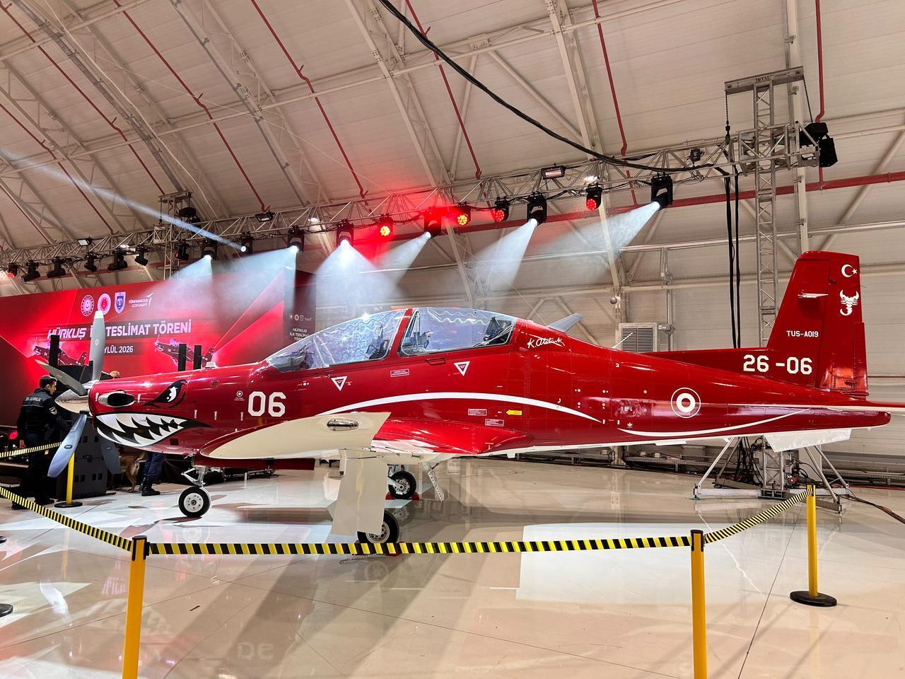 The photo shows Turkish Aerospace Industries' (TAI) Hurkus-II next-generation basic trainer during a delivery ceremony in Ankara, Türkiye, Sept. 28, 2028. (IHA Photo)