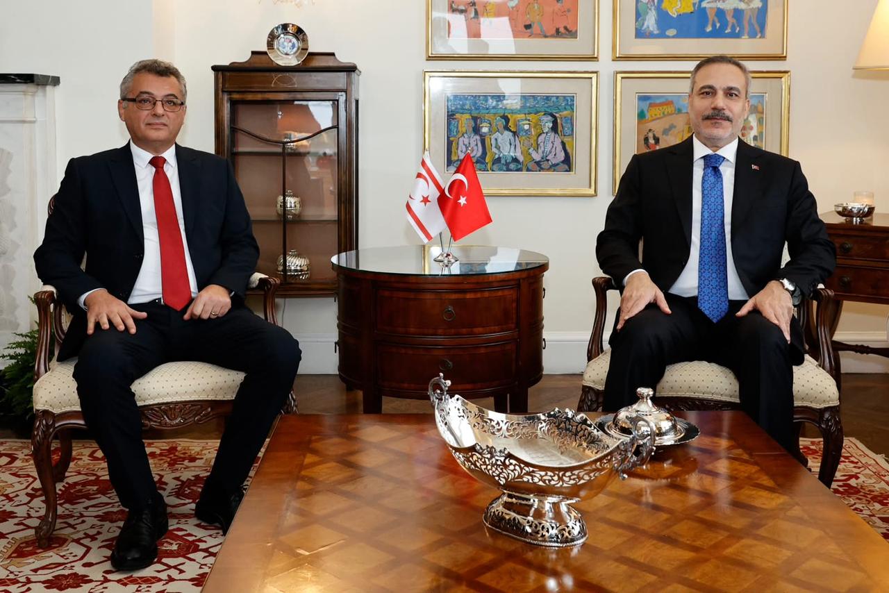 Turkish Foreign Minister Hakan Fidan (R) meets with President of the Turkish Republic of Northern Cyprus (TRNC) Tufan Erhurman (L) on the sidelines of the high-level week of the 81st United Nations General Assembly in New York, United States, on September 26, 2026. (Photo via Presidency of TRNC / Handout / AA)