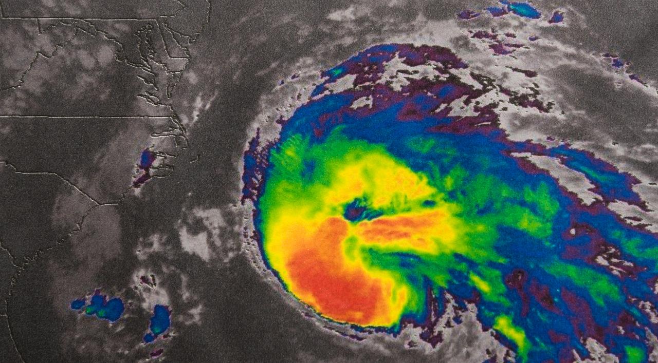 A satellite image shows a tropical cyclone over the Atlantic Ocean near the southeastern United States, undated. (Adobe Stock Photo)