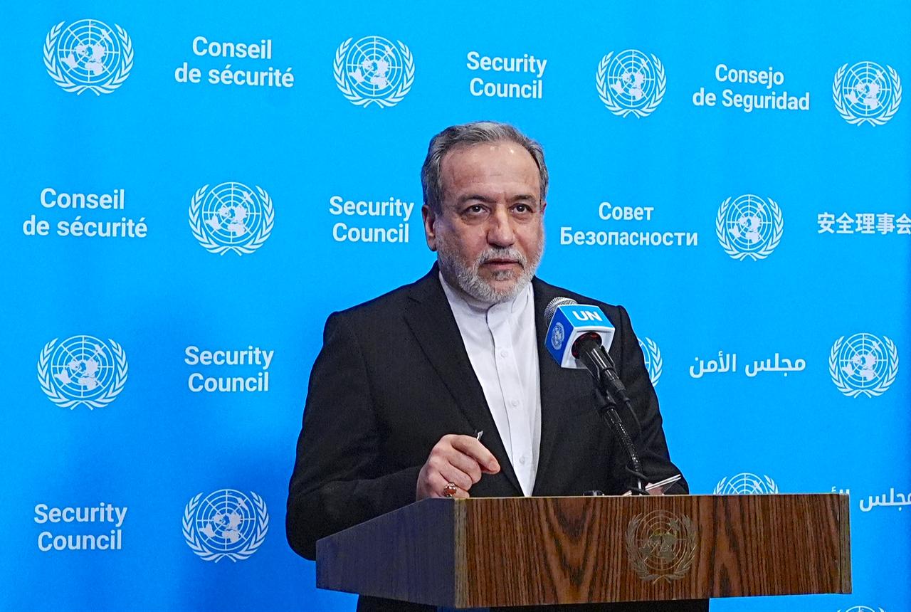 Seyed Abbas Araghchi, Minister for Foreign Affairs, Islamic Republic of Iran, holds a press conference at the Security Council Stakeout at the UN Headquarters, New York City, U.S., September 25, 2026. (AA Photo)