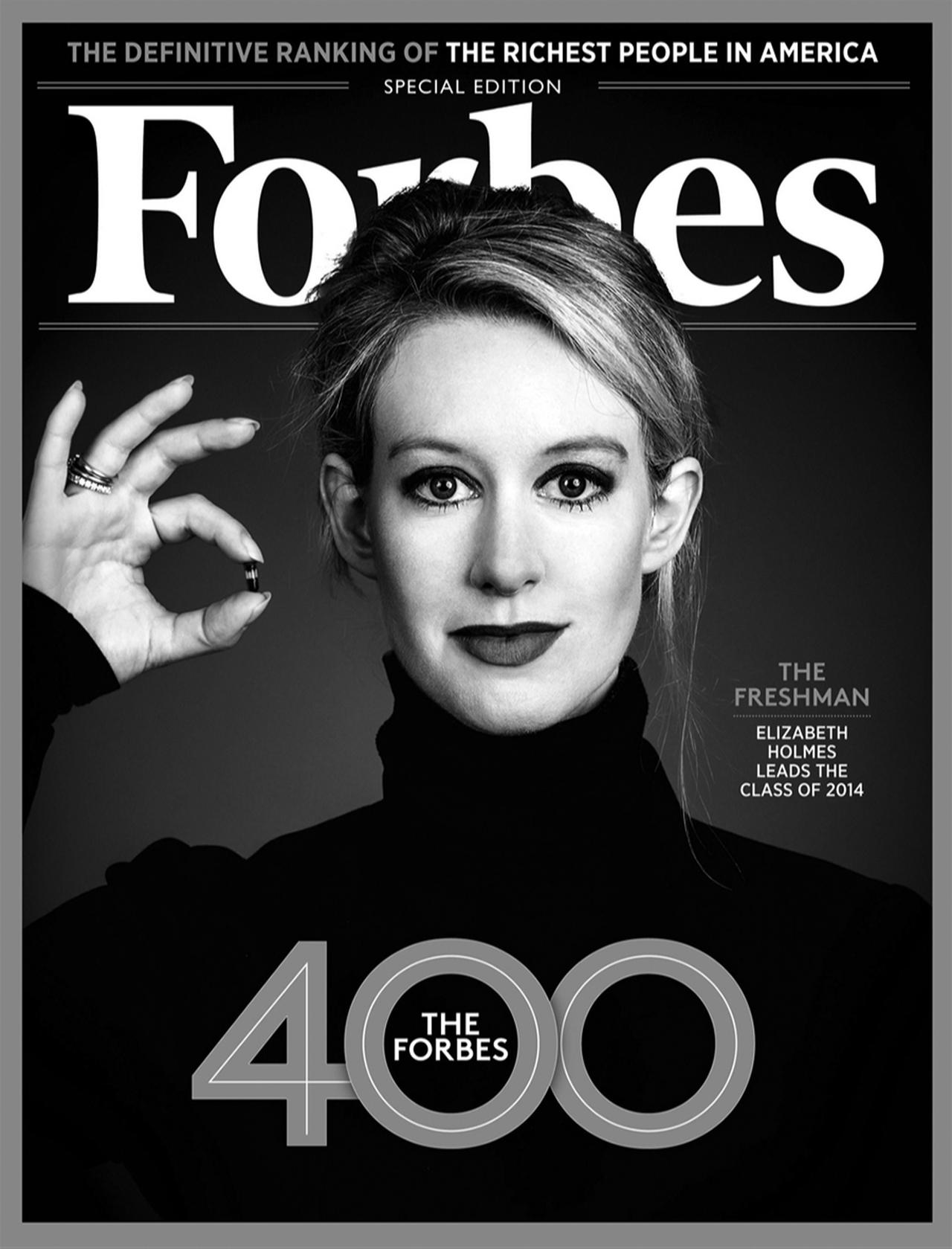 Elizabeth Holmes on the cover of a Forbes 400 special edition magazine as part of "The Freshman" class of 2014. (Photo via vox.com)