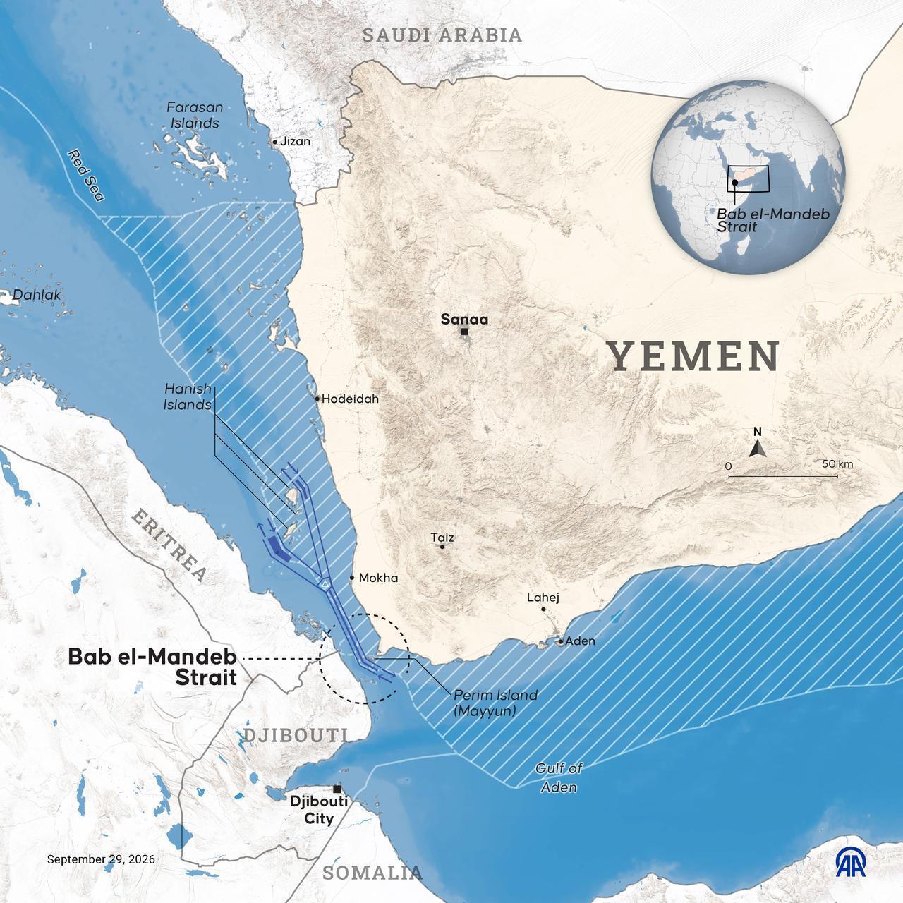 An infographic showing "conflicted areas around Yemen," created in Ankara, Türkiye, on September 29, 2026. (AA Infographic)