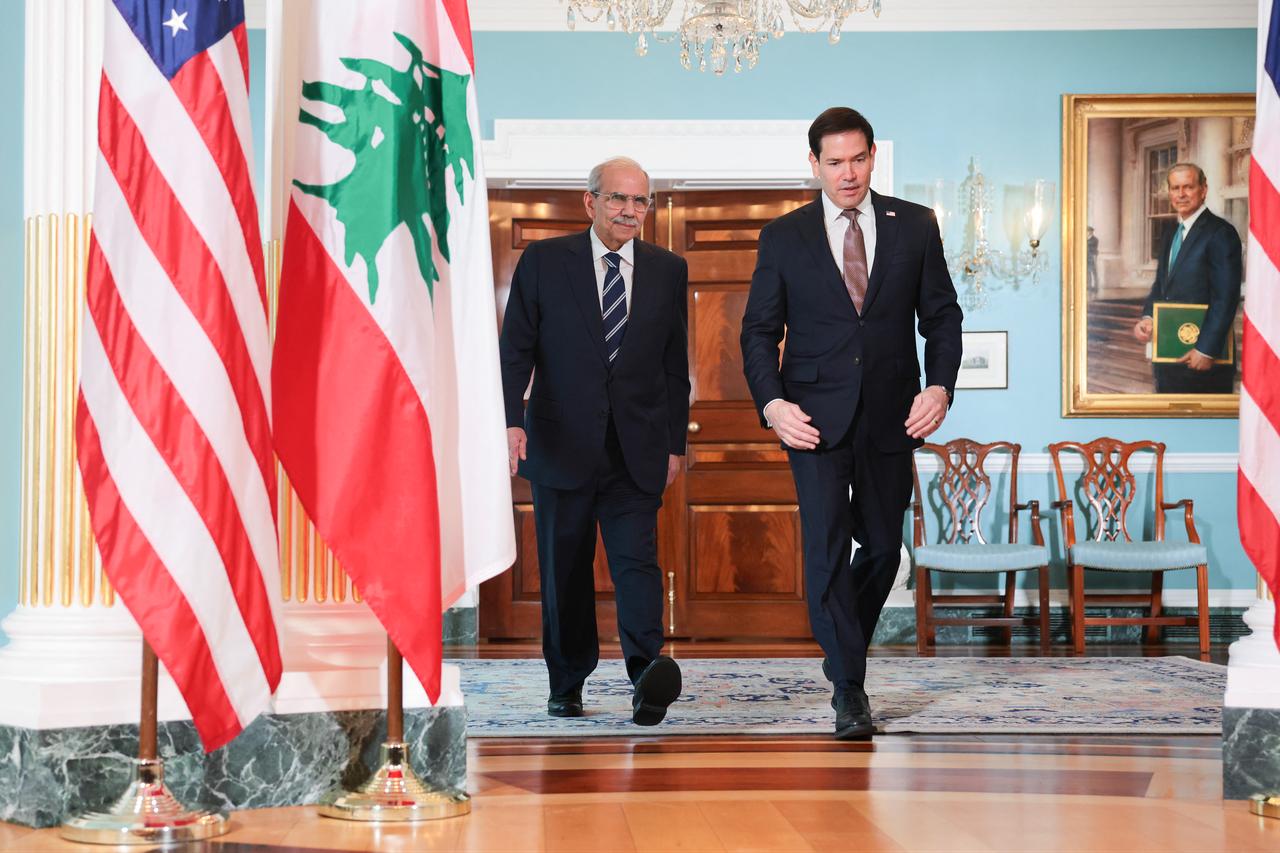 Lebanese Prime Minister Nawaf Salam (L) walks out with U.S. Secretary of State Marco Rubio to pose for photos before a meeting at the U.S. State Department on September 28, 2026 in Washington, DC. (AFP Photo)