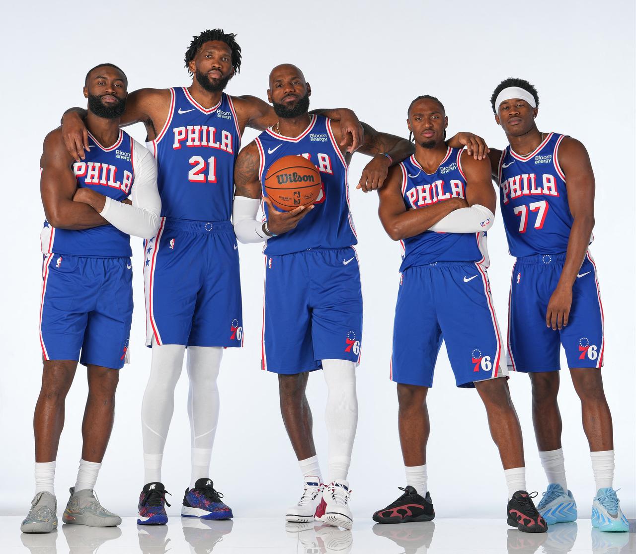 Jaylen Brown #7, Joel Embiid #21, LeBron James #23, Tyrese Maxey #0, and VJ Edgecombe #77 of the Philadelphia 76ers pose for a portrait on NBA media day on September 28, 2026 at the Philadelphia 76ers Training Complex in Camden, New Jersey. (AFP Photo)