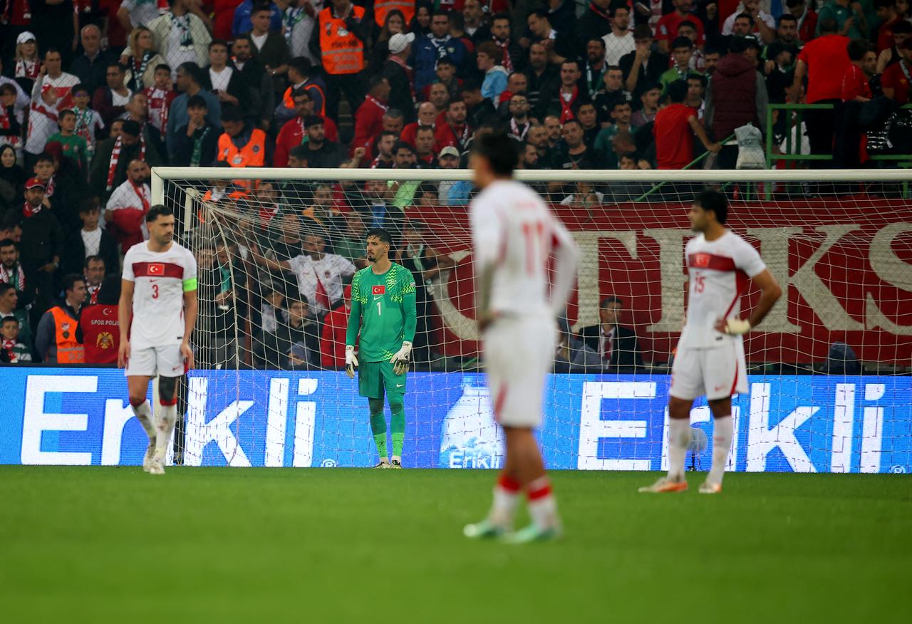 Players of Türkiye react after Italy scores a goal during the UEFA Nations League A Group 1 match between Türkiye and Italy at Yuzuncu Yil Ataturk Stadium in Bursa, Türkiye on September 28, 2026. (AA Photo)