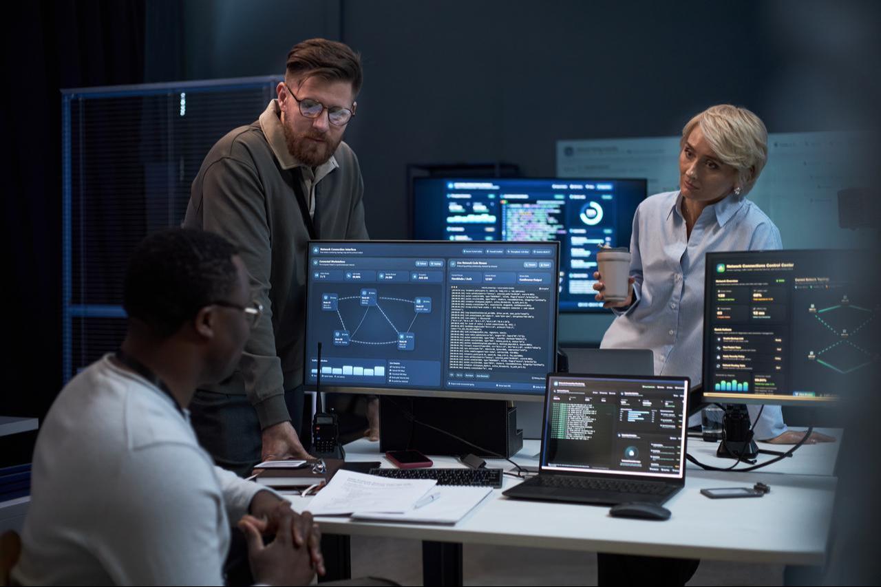 Cybersecurity professionals review network monitoring and security data on multiple computer screens in an office environment. (Adobe Stock Photo)





    

Is this conversation helpful so far?