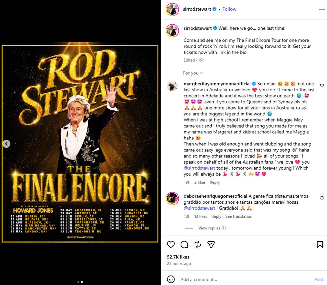 Screenshot from official Instagram account of Rod Stewart announcing his final round of touring, "The Final Encore Tour," featuring special guest Howard Jones. (Photo via Instagram/@sirrodstewart)