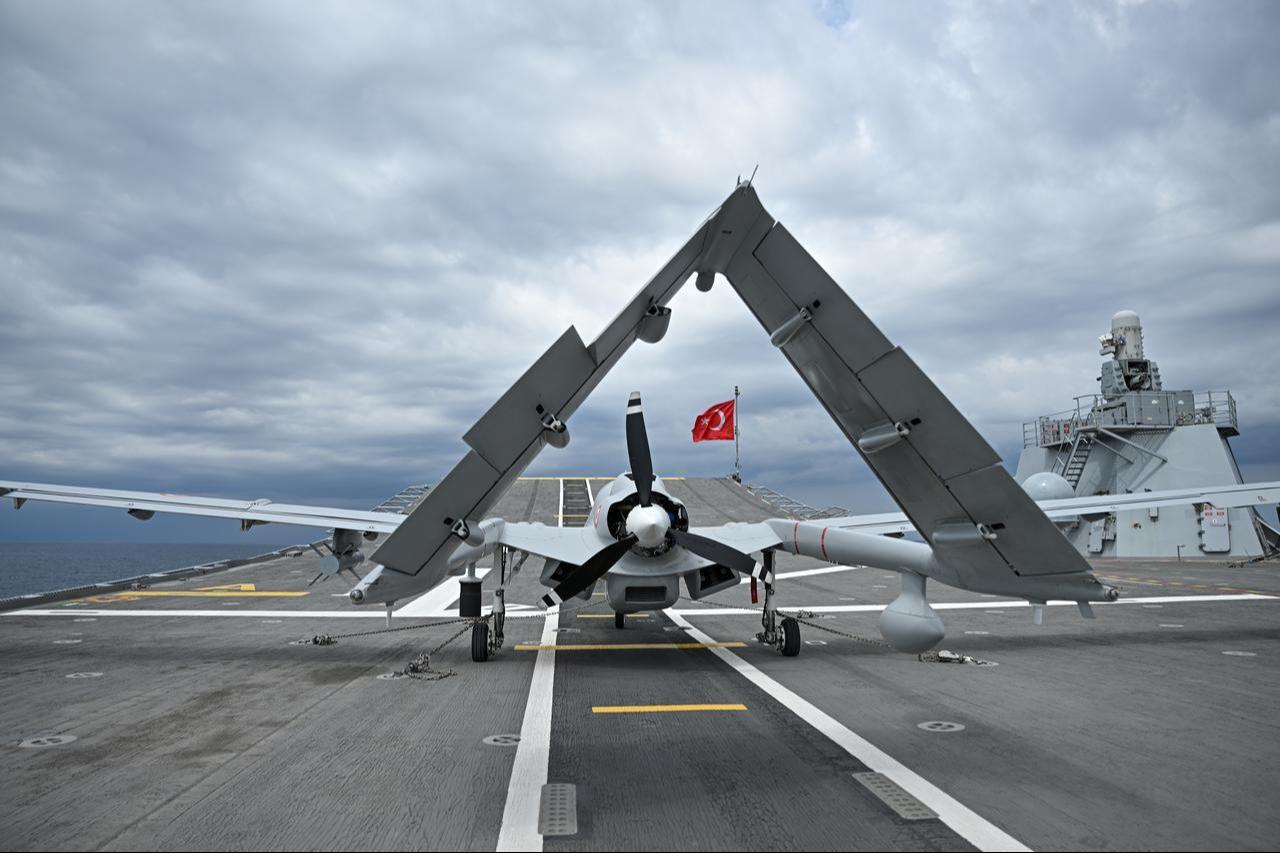 Bayraktar TB3 unmanned aerial vehicle on TCG Anadolu takes part in the live-fire phase on the final day of the 'Blue Homeland-2026' exercise in the Eastern Mediterranean, in Antalya, Türkiye, April 9, 2026. (AA Photo)