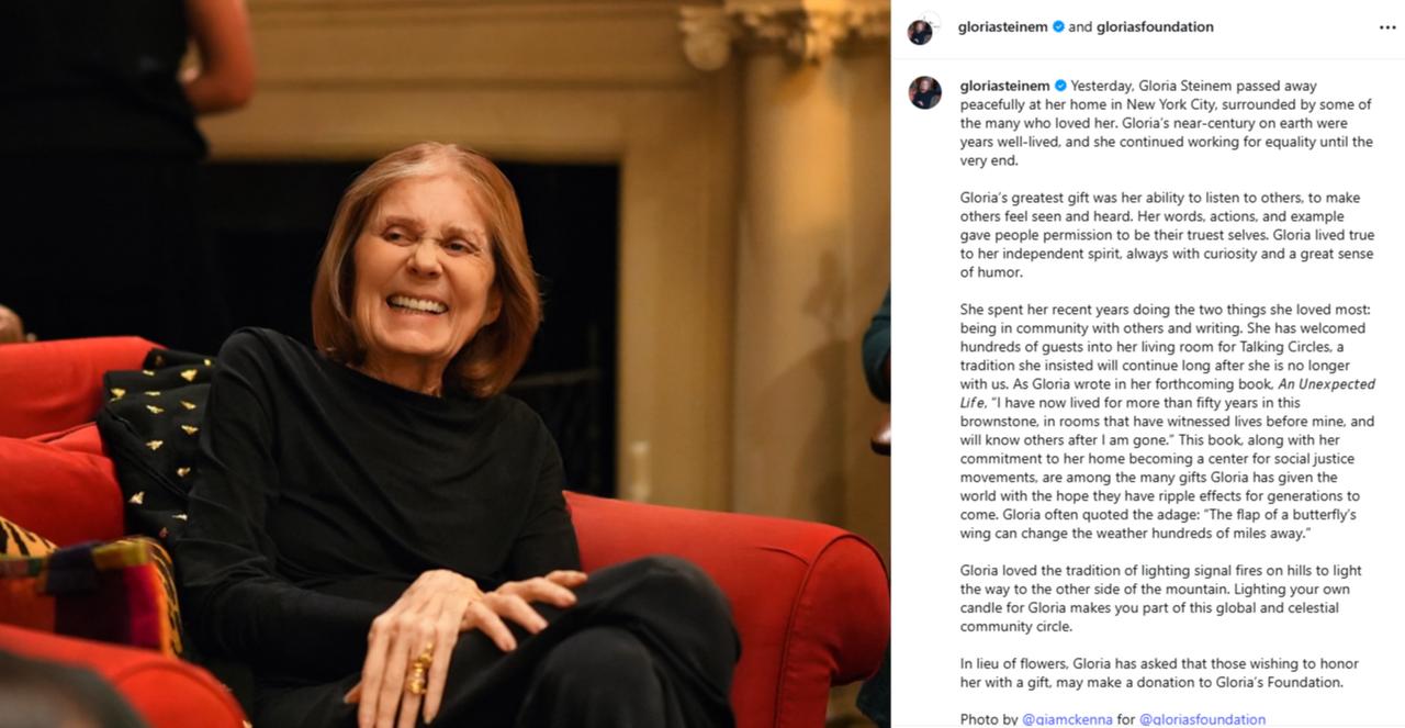 Screenshot of the foundation's post on social media announcing Steinem's death. (Photo via Instagram/ @gloriasfoundation)