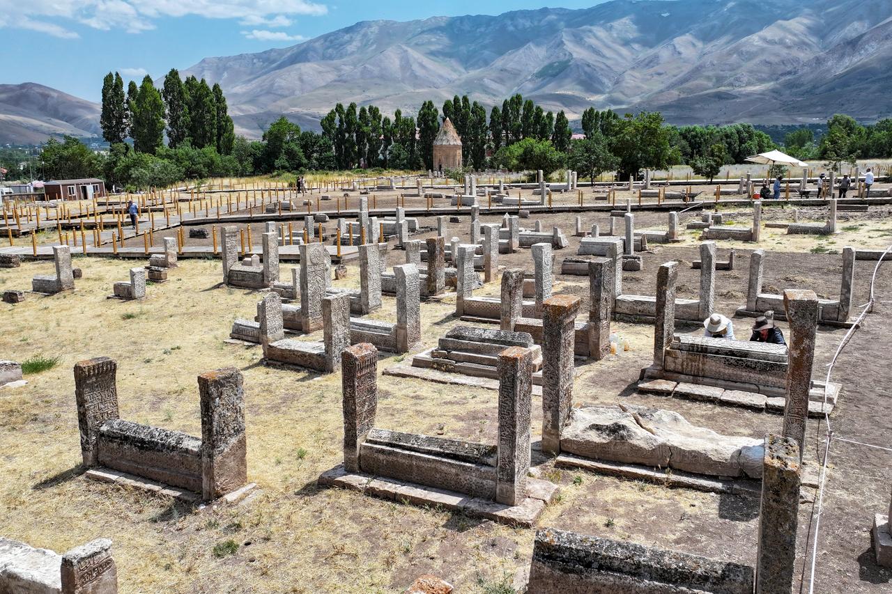 Aerial view of the historic Seljuk Cemetery in the Gevas district of Van, Türkiye.