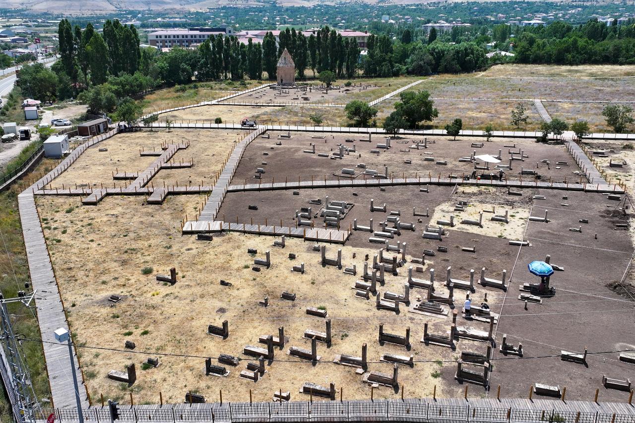 Aerial view of the historic Seljuk Cemetery in the Gevas district of Van, Türkiye. (AA Photo)